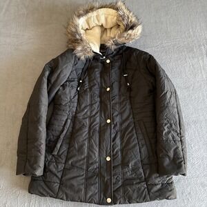 Below Zero by Rothschild Jacket Women M Black Puffer Faux Fur Hooded Parka Coat